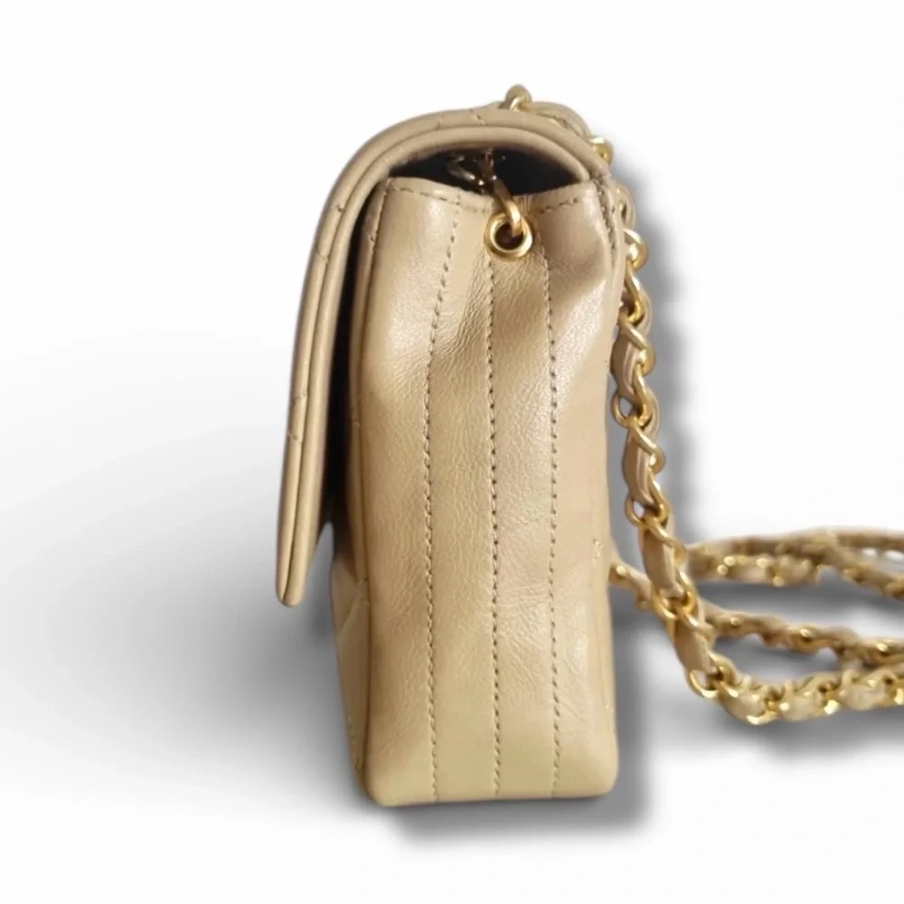 💗VINTAGE CHANEL Beige CC Logo Small Flap Shoulder Crossbody Bag 24K Gold-Plated